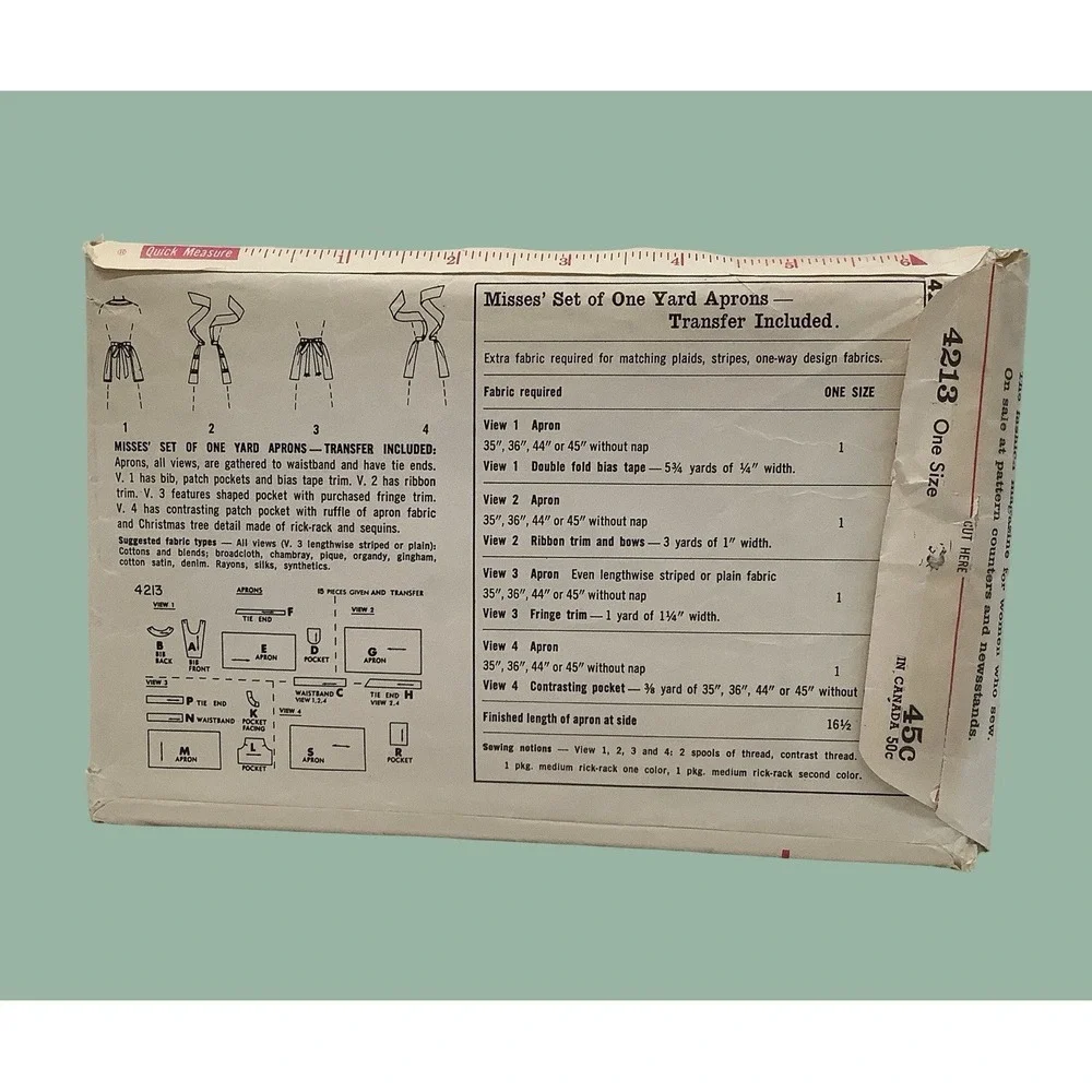 Vintage 1960s Bib & Half Apron Sewing Pattern Simplicity 4213 Cut Complete